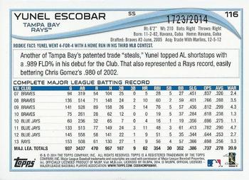 2014 Topps Opening Day - Blue #116 Yunel Escobar Back