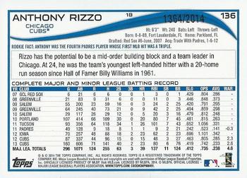 2014 Topps Opening Day - Blue #136 Anthony Rizzo Back