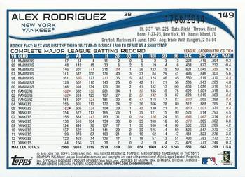 2014 Topps Opening Day - Blue #149 Alex Rodriguez Back