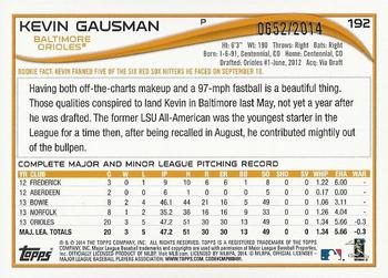 2014 Topps Opening Day - Blue #192 Kevin Gausman Back