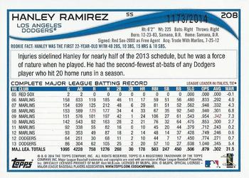 2014 Topps Opening Day - Blue #208 Hanley Ramirez Back
