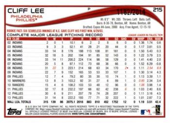 2014 Topps Opening Day - Blue #215 Cliff Lee Back