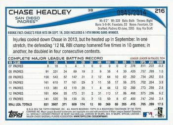 2014 Topps Opening Day - Blue #216 Chase Headley Back