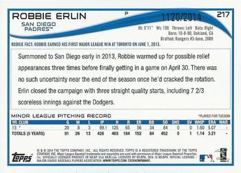 2014 Topps Opening Day - Blue #217 Robbie Erlin Back