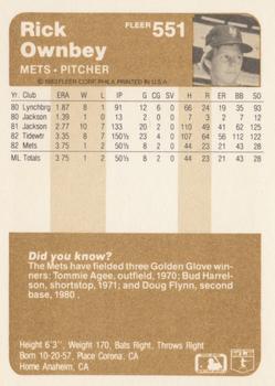 1983 Fleer #551 Rick Ownbey Back