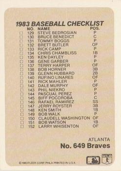 1983 Fleer #649 Checklist: Royals / Braves Back