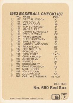 1983 Fleer #650 Checklist: Phillies / Red Sox Back