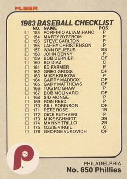 1983 Fleer #650 Checklist: Phillies / Red Sox Front