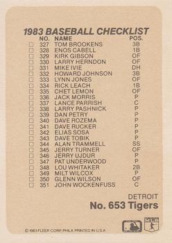 1983 Fleer #653 Checklist: Pirates / Tigers Back