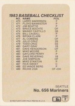 1983 Fleer #656 Checklist: Astros / Mariners Back