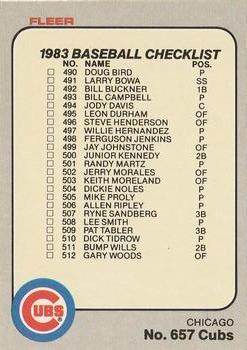 1983 Fleer #657 Checklist: Cubs / A's Front