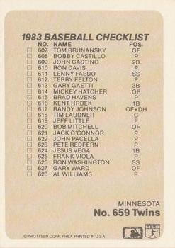 1983 Fleer #659 Checklist: Reds / Twins Back