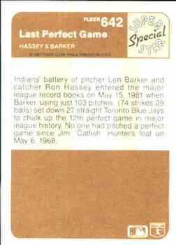 1983 Fleer #642 Last Perfect Game (Ron Hassey / Len Barker) Back