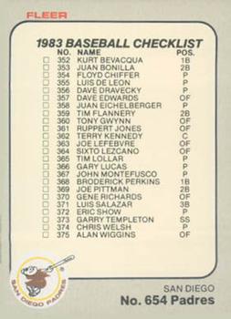 1983 Fleer #654 Checklist: Padres / Yankees Front