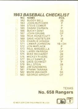 1983 Fleer #658 Checklist: Mets / Rangers Back
