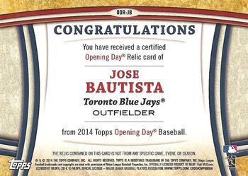 2014 Topps Opening Day - Relics #ODR-JB Jose Bautista Back
