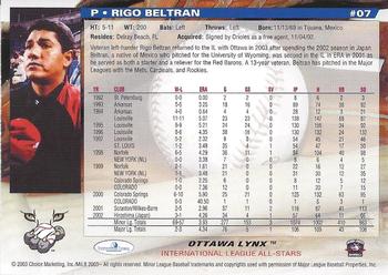 2003 Choice International League All-Stars #7 Rigo Beltran Back