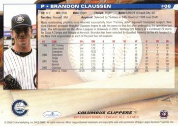 2003 Choice International League All-Stars #8 Brandon Claussen Back