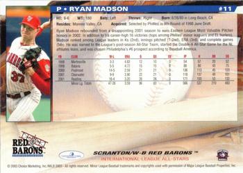 2003 Choice International League All-Stars #11 Ryan Madson Back