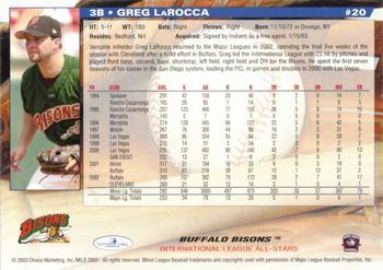 2003 Choice International League All-Stars #20 Greg LaRocca Back