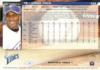 2003 Choice International League All-Stars #24 Jorge Toca Back