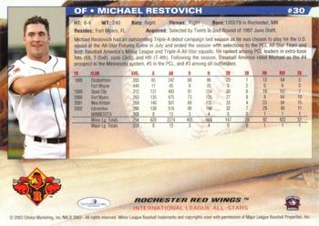 2003 Choice International League All-Stars #30 Michael Restovich Back