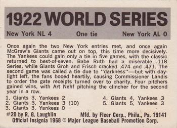 1971 Fleer World Series (Black Backs) #20 1922 - Giants vs. Yankees - Art Nehf Back