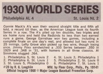 1971 Fleer World Series (Black Backs) #28 1930 - A's vs. Cardinals - Jimmie Foxx Back