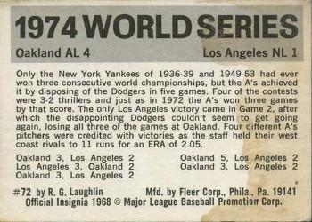 1971 Fleer World Series (Black Backs) #72 1974 - A's vs. Dodgers Back