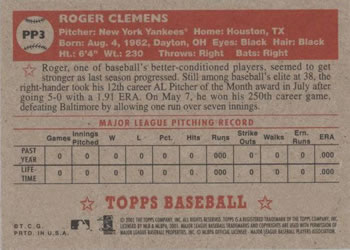2001 Topps Heritage - Pre-Production #PP3 Roger Clemens Back
