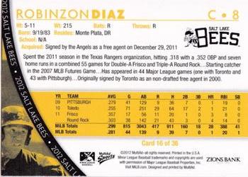 2012 MultiAd Salt Lake Bees #16 Robinzon Diaz Back