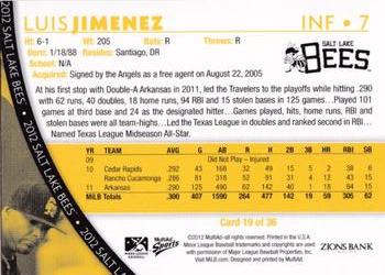 2012 MultiAd Salt Lake Bees #19 Luis Jimenez Back