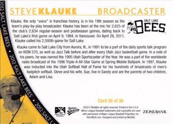 2012 MultiAd Salt Lake Bees #35 Steve Klauke Back