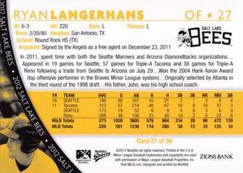 2012 MultiAd Salt Lake Bees #27 Ryan Langerhans Back