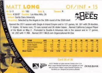 2012 MultiAd Salt Lake Bees #28 Matt Long Back