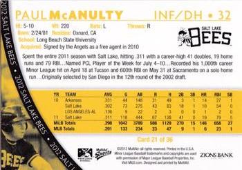 2012 MultiAd Salt Lake Bees #21 Paul McAnulty Back