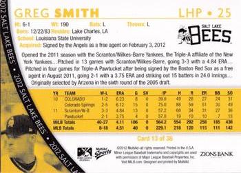 2012 MultiAd Salt Lake Bees #13 Greg Smith Back