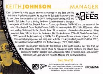 2012 MultiAd Salt Lake Bees #30 Keith Johnson Back