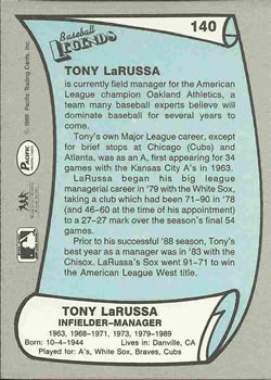1989 Pacific Legends II #140 Tony LaRussa Back