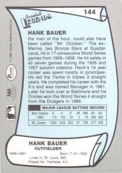 1989 Pacific Legends II #144 Hank Bauer Back