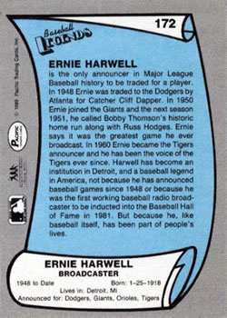 1989 Pacific Legends II #172 Ernie Harwell Back