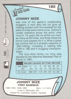 1989 Pacific Legends II #180 Johnny Mize Back