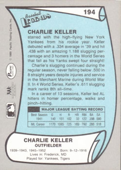 1989 Pacific Legends II #194 Charlie Keller Back