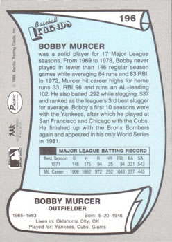 1989 Pacific Legends II #196 Bobby Murcer Back