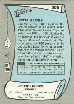 1989 Pacific Legends II #208 Jesse Haines Back