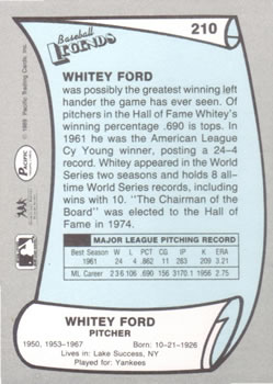 1989 Pacific Legends II #210 Whitey Ford Back