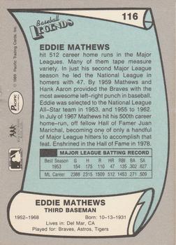 1989 Pacific Legends II #116 Eddie Mathews Back