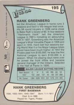 1989 Pacific Legends II #195 Hank Greenberg Back