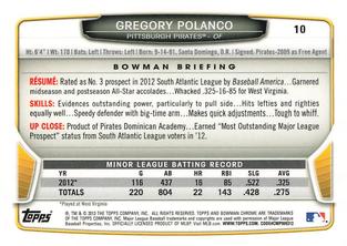 2013 Bowman Chrome Mini #10 Gregory Polanco Back