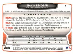 2013 Bowman Chrome Mini #9 Edwin Escobar Back